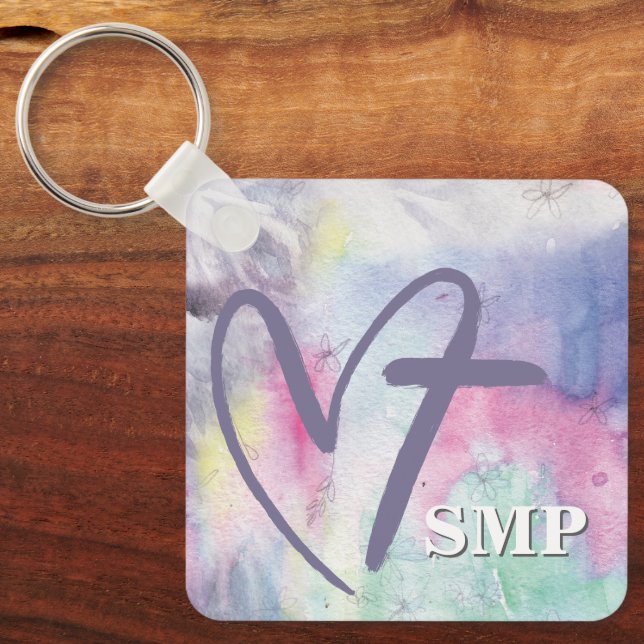 Chaveiro Colorida Watercolor Heart Cross Monogramas (Frente)