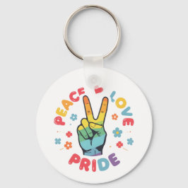 Chaveiro Colorido design com paz, amor e orgulho na mão