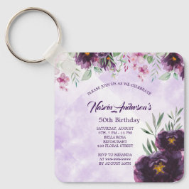 Chaveiro Convite de Aniversário Floral Roxo Elegante