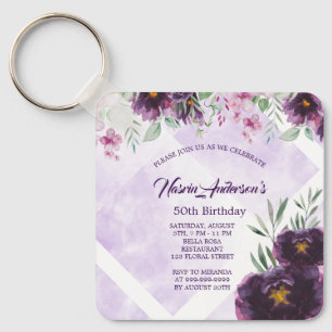 Chaveiro Convite de Aniversário Floral Roxo Elegante