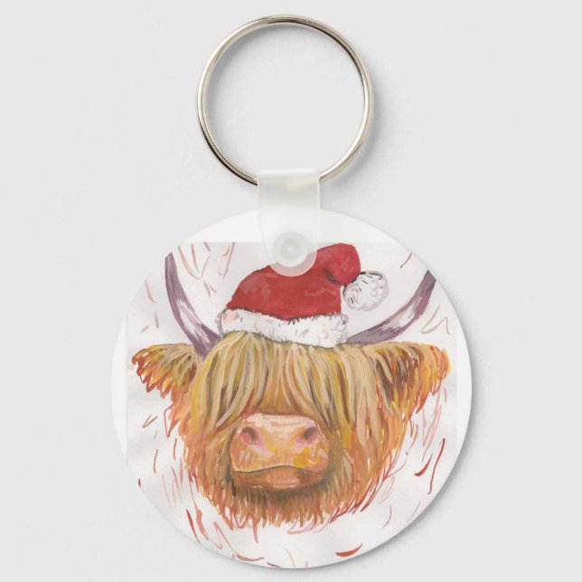 Chaveiro coo Highland Cow do Natal com chapéu de Natal (Frente)