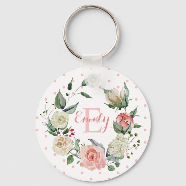 Chaveiro Cor de Água Personalizada Monograma Floral Rosa Ro (Frente)