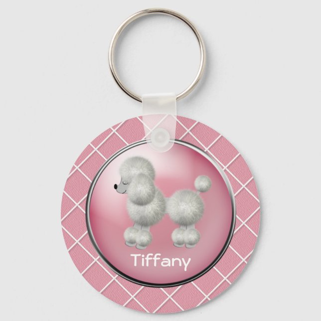 Chaveiro Cor-de-rosa com corrente de chave de poodle branca (Frente)