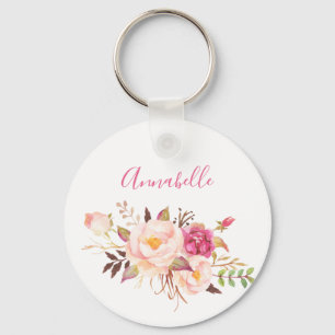 Chaveiro Cor-de-rosa - Floral brilhante - Branco