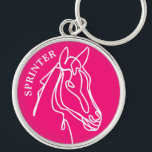 Chaveiro cor-de-rosa grande e personalizada com lo<br><div class="desc">Grande chaveiro cor-de-rosa com logotipo de cavalo. Design de desenho de equinos para animais desportivos. Adicione seu próprio nome personalizado. Ideia exclusiva de presente de aniversário para equestre,  amante de cavalos,  crianças,  irmã,  mãe,  amiga,  treinadora,  chefe,  cavaleiro etc.</div>