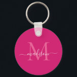 Chaveiro Cor-de-rosa Magenta Branco Monograma Nome Script M<br><div class="desc">Chaveiro de Script Moderno Elegante Elegante Magenta Magenta Cor-de-Rosa Simples Monograma Branco Monograma Branco</div>