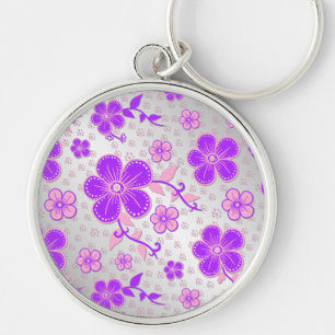 Chaveiro Cor Floral Simples Púrpura e Rosa em Prata