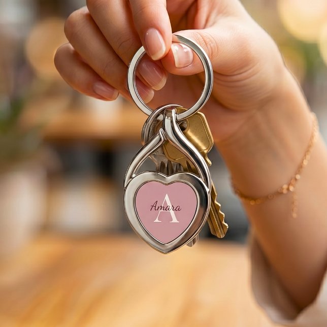 Chaveiro Coração com Nome em Rosa Chá Elegante Monograma  (Criador carregado)