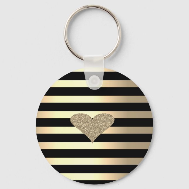 Chaveiro Coração Glitter Dourado Chic Elegante em Listras D (Frente)