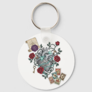 Chaveiro Coração Mecânico com Rosas – Arte Surrealista Vint
