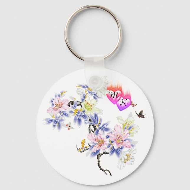 Chaveiro Corações Flaming de Monograma Duplo com Flores (Frente)