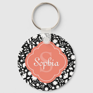 Chaveiro Coral Monograma Quatrefoil Preto Floral