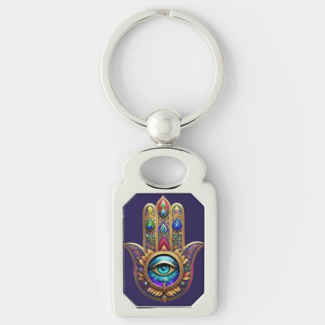 Chaveiro Cores de Pavão Dourado Hamsa Safira Terceiro Olho  (Frente)
