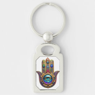 Chaveiro Cores de Pavão Dourado Hamsa Verde Safira Terceiro