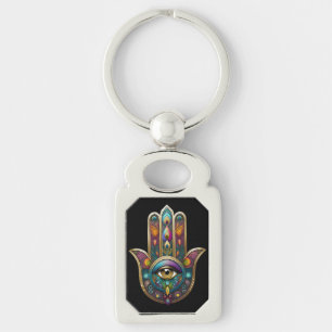 Chaveiro Cores de Pavão Hamsa com Terceiro Olho Dourado