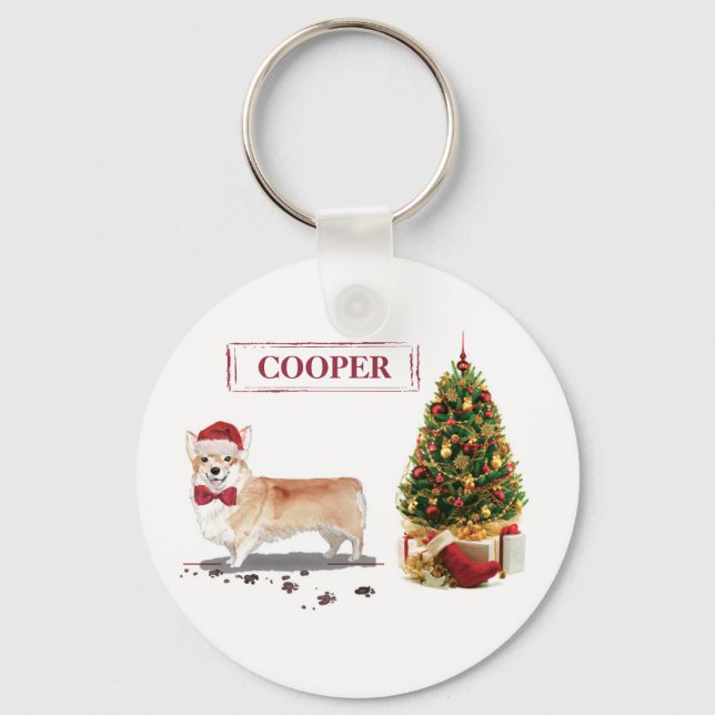 Chaveiro Corgi Natal Divertido Cachorro com Árvore (Frente)