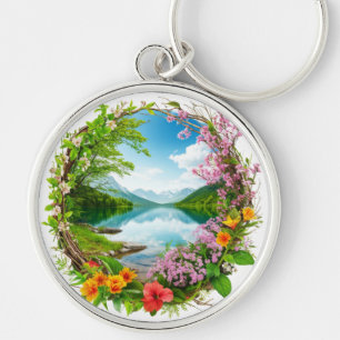 Chaveiro Coroa de Flores da Primavera Enquadrando Montanha