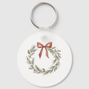 Chaveiro Coroa de Natal Macia com Aquarela de Laço Rosa 