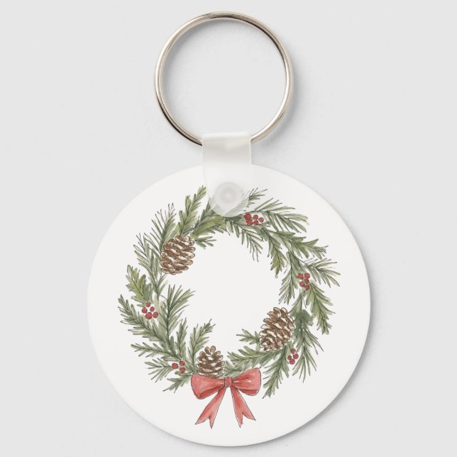 Chaveiro Coroa de Natal Rústica com Pinhas e Laço Vermelho (Frente)