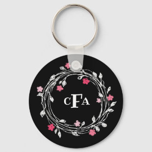 Chaveiro Coroa Floral Preta e Branca com Monograma Personal