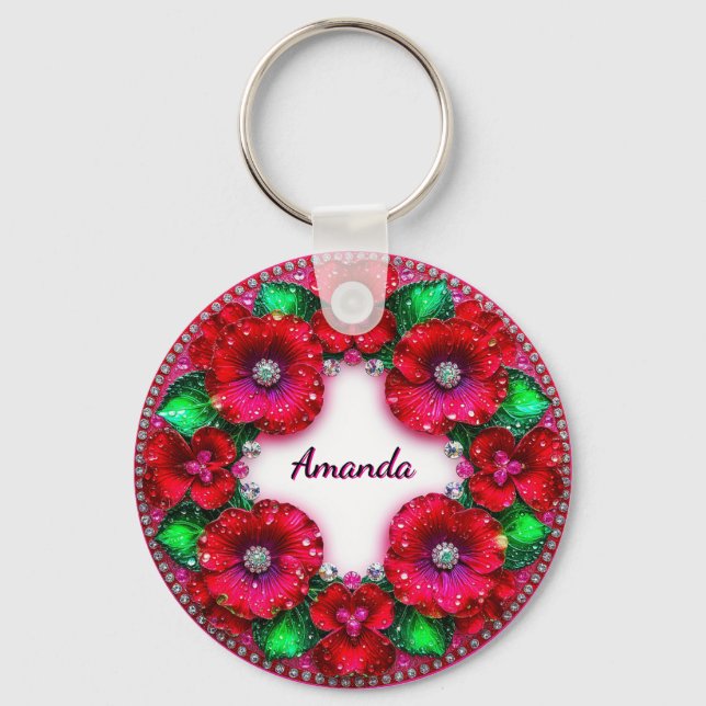 Chaveiro Coroa Floral Redonda com Joias Vermelhas e Verdes (Frente)