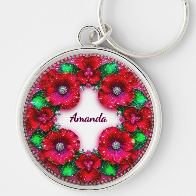 Chaveiro Coroa Floral Redonda com Joias Vermelhas e Verdes (Frente)