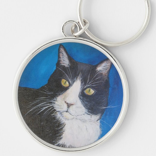 Chaveiro Corrente de Chave de Pintura de Gato Tuxedo (Frente)