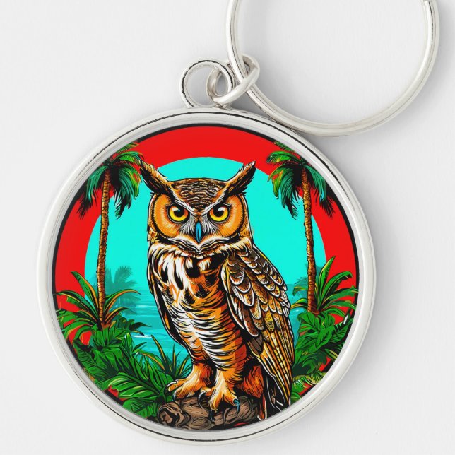 Chaveiro 🦉 Coruja Empoleirada Em Rocha Cena Tropical🦉 (Frente)