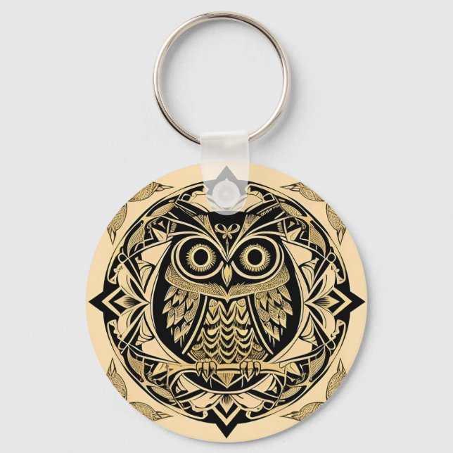 Chaveiro Coruja Ornamental Dourada com Desenho Decorativo (Frente)