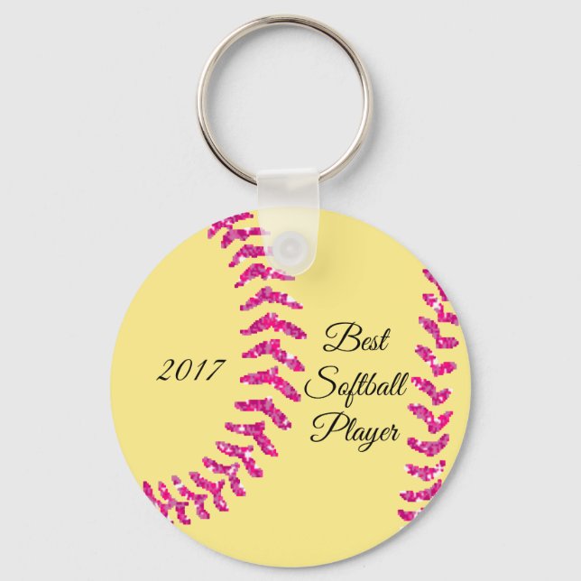 Chaveiro Costuras de softball macio com brilho falso rosa (Frente)