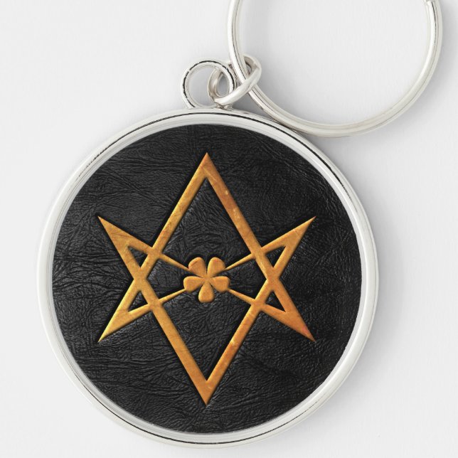 Chaveiro Couro Unicursal dourado do preto do Hexagram de (Frente)