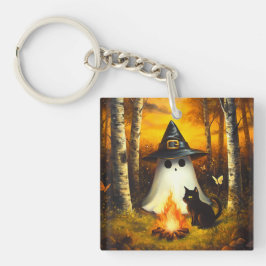 Chaveiro Cozy Halloween Ghost & Black Cat Campfire