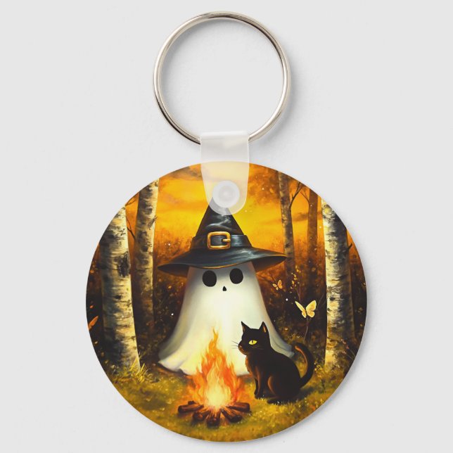 Chaveiro Cozy Halloween Ghost & Black Cat Campfire (Frente)
