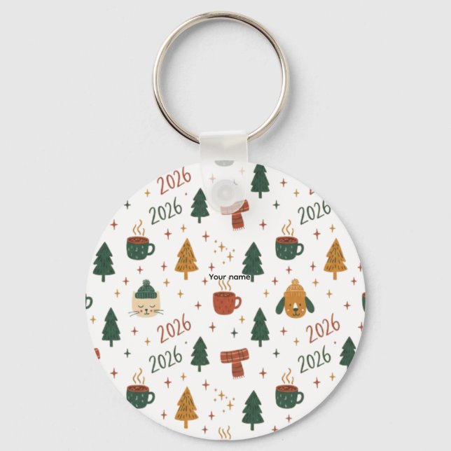 Chaveiro Cozy Winter Vibes 2026 - Cute Puppy and Kitten Chr (Frente)