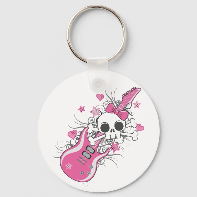 Chaveiro Crânio bonito com violão rosa (Frente)