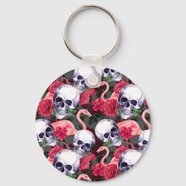 Chaveiro Crânio floral, padrão uniforme de flamingo. (Frente)