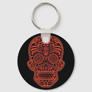 Chaveiro Crânio vermelho e preto decorativo do açúcar