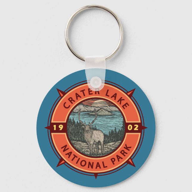 Chaveiro Crater Lake National Park Elk Retro Compass Emblem (Frente)