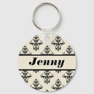 Chaveiro Cremoso Tan & Preto Damask Nome Personalizado