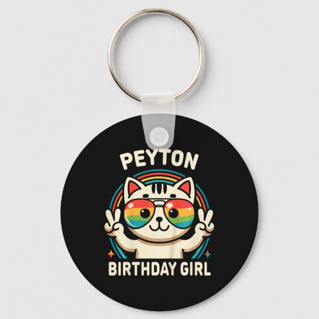 Chaveiro Crianças Nome Peyton Birthday Girl Cat (Frente)