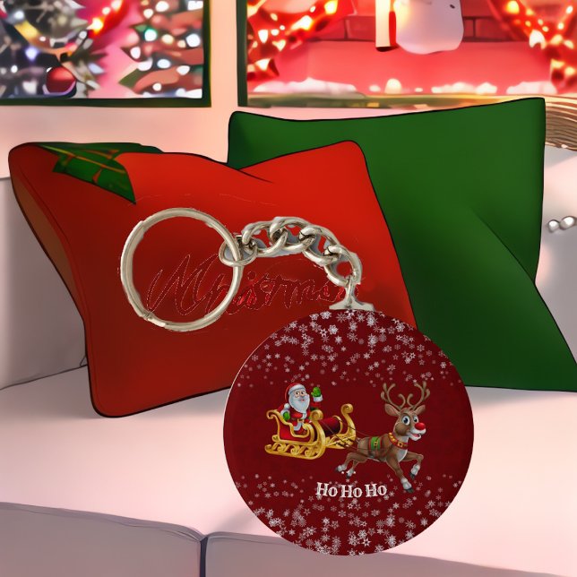 Chaveiro Crianças Papais noeis Reindeer de Natal Sleigh Sno (Kids Santa Christmas Reindeer Sleigh Snowflake Red Keychain)