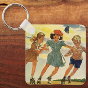 Chaveiro Crianças Vintage, Meninas Diversão De Patins