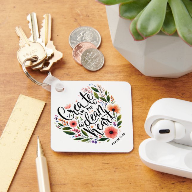 Chaveiro Crie em Mim um Coração limpo floral (Mesa)