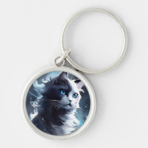 Chaveiro Cristóvão Místico Preto e Branco Gato de Aquarel
