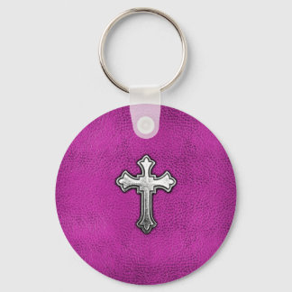 Chaveiro Cruz de metal em couro rosa