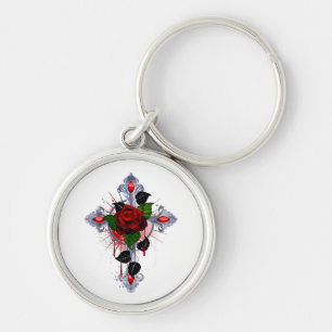 Chaveiro Cruz de Prata com Rosa vermelha