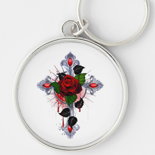 Chaveiro Cruz de Prata com Rosa vermelha (Frente)