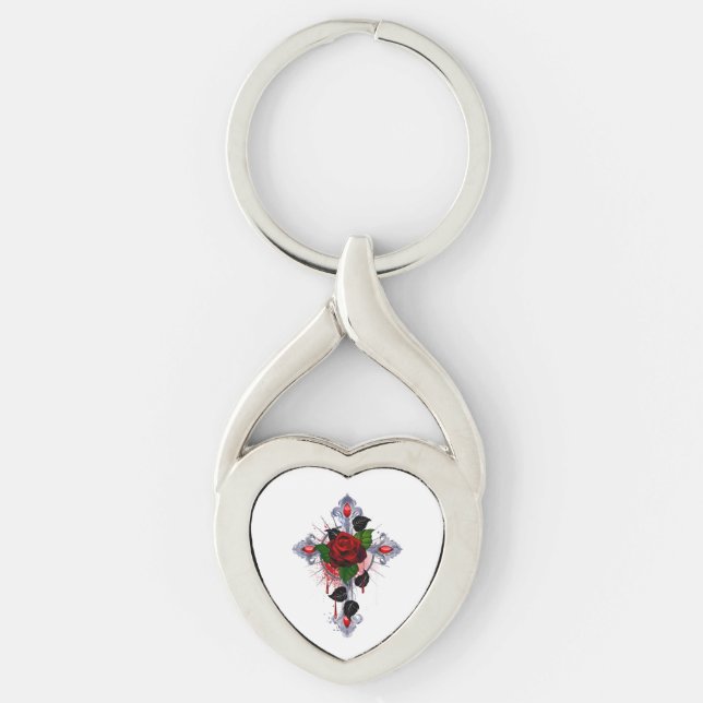 Chaveiro Cruz de Prata com Rosa vermelha (Frente)