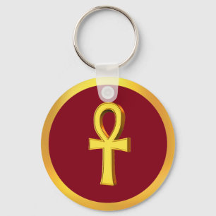 Chaveiro Cruz de Tau Ankh com Círculo Dourado sobre Carmesi