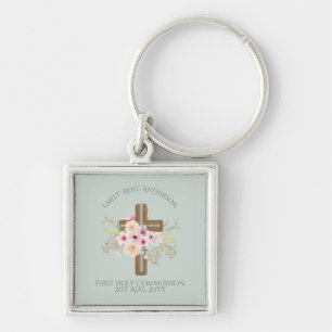 Chaveiro Cruz Floral Personalizada da Santa Comunhão